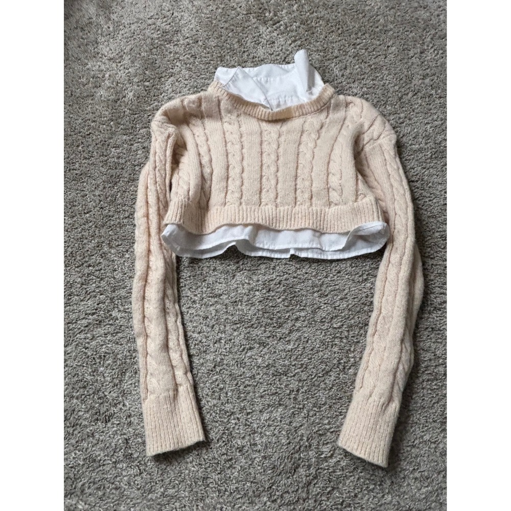 Romwe Beige Cable Knit Cropped Sweater Layered Shirt Collar Size M US 6